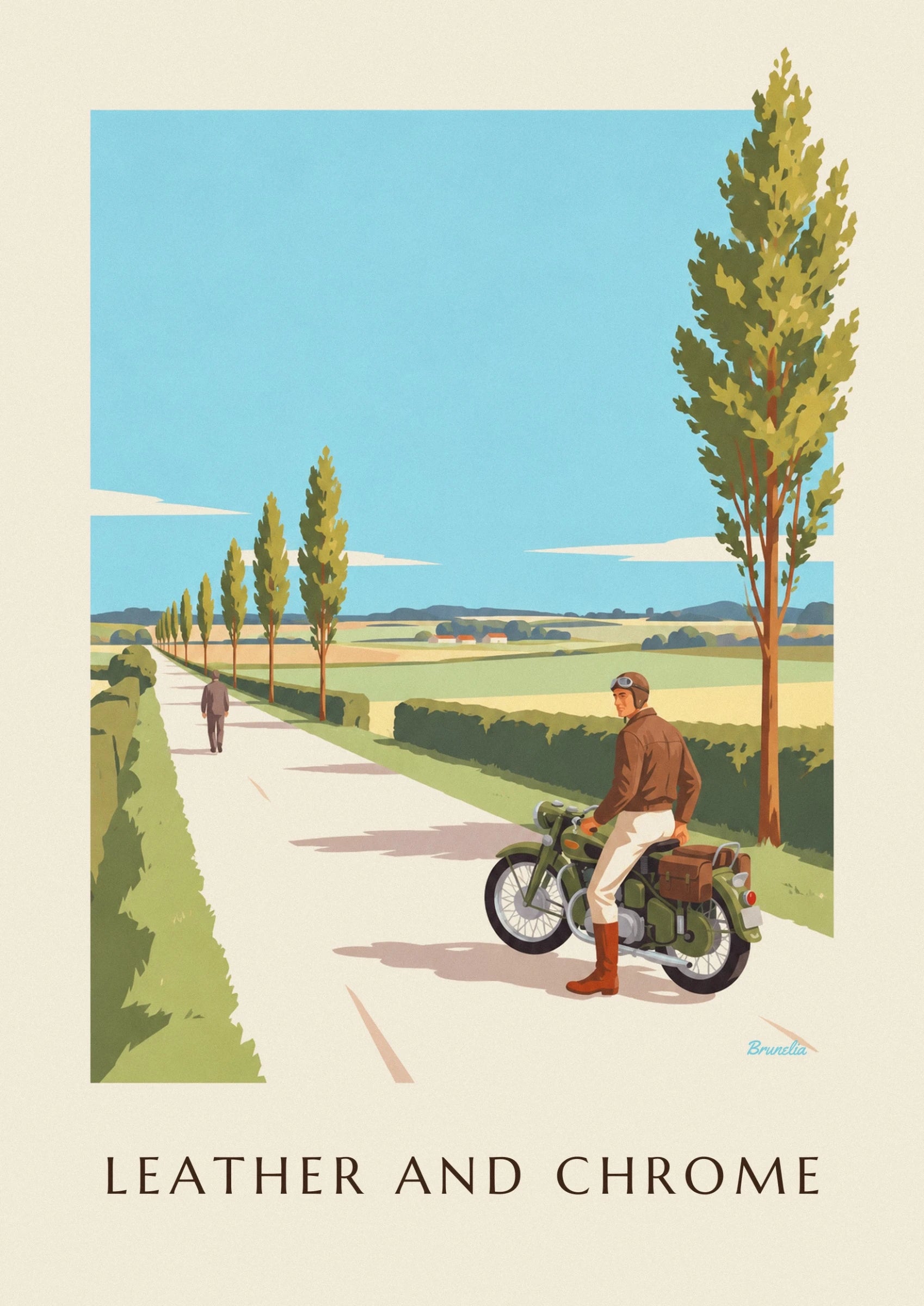 The rider in a brown jacket and aviator goggles on his green motorbike with a saddlebag