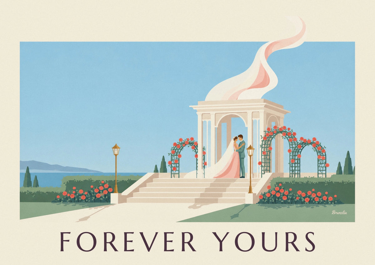 Affiche couple de mariés enlacés sous les arches de roses