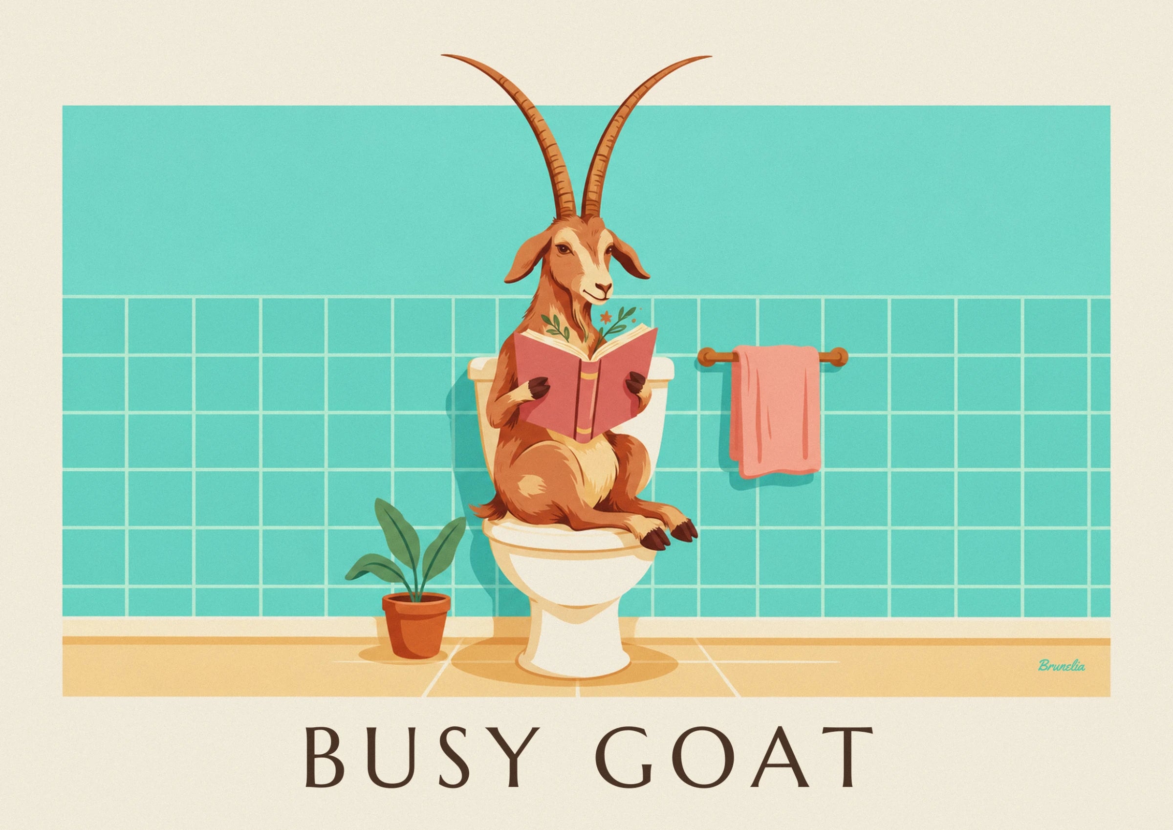 Long-horned goat sitting on the toilet with an open pink book