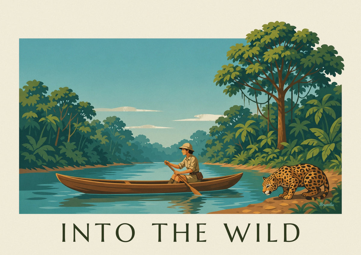 Explorer in a dugout canoe and Amazon jaguar poster