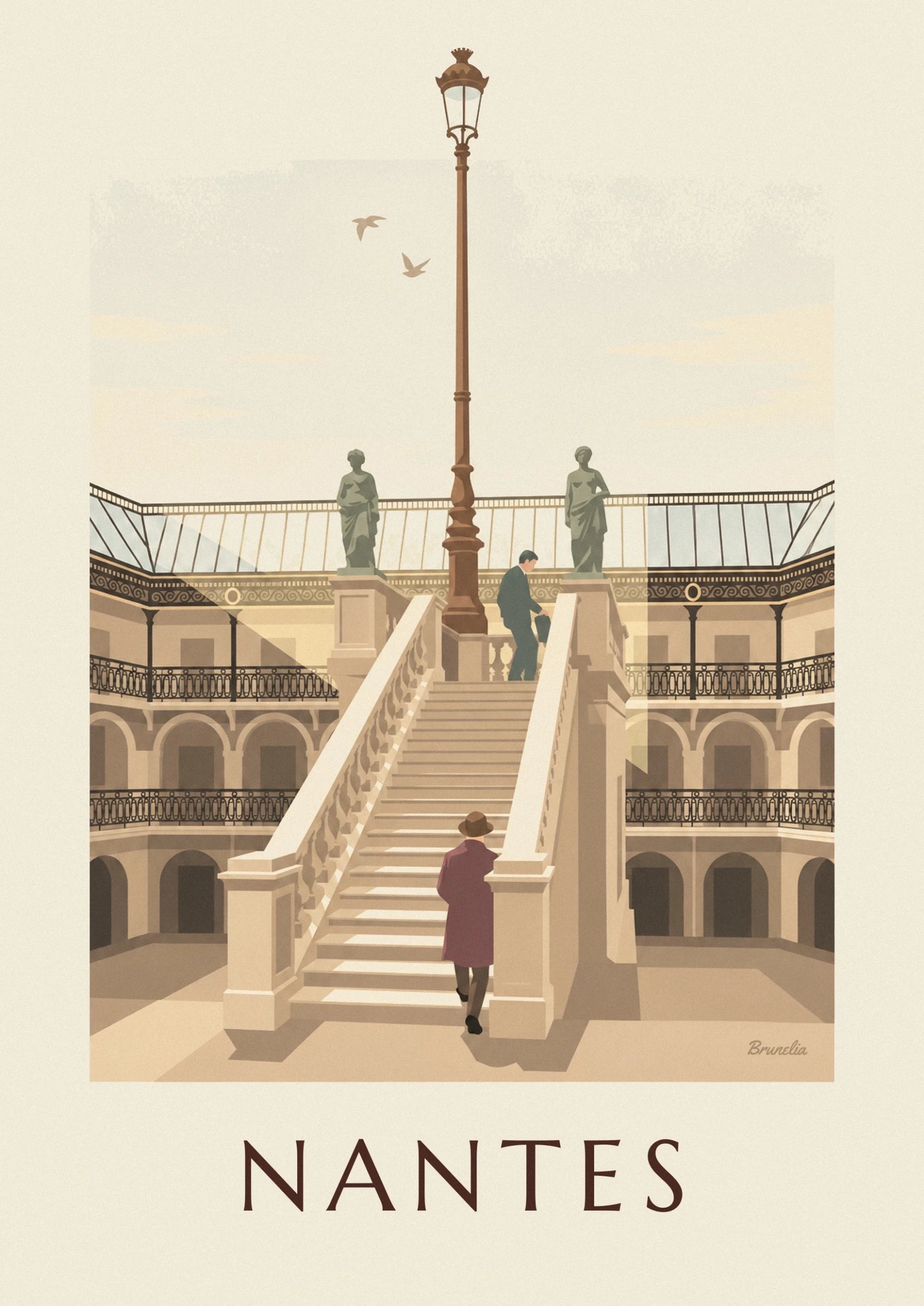 Le promeneur au manteau bordeaux et chapeau marron, de dos dans le grand escalier