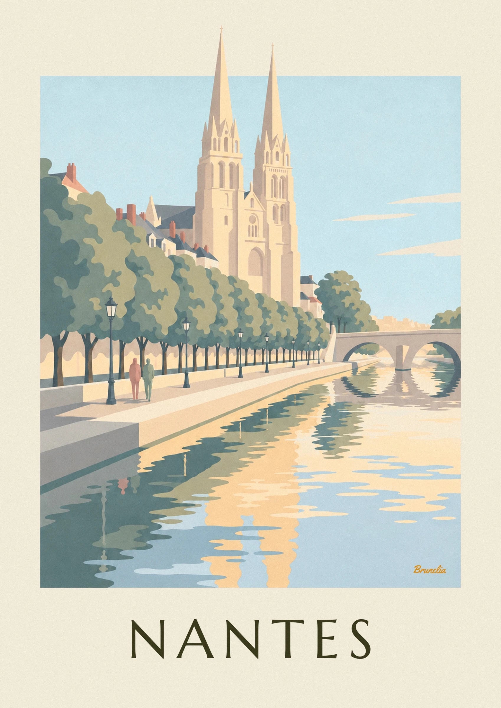 The 2 golden spires of Nantes cathedral above the rooftops and trees