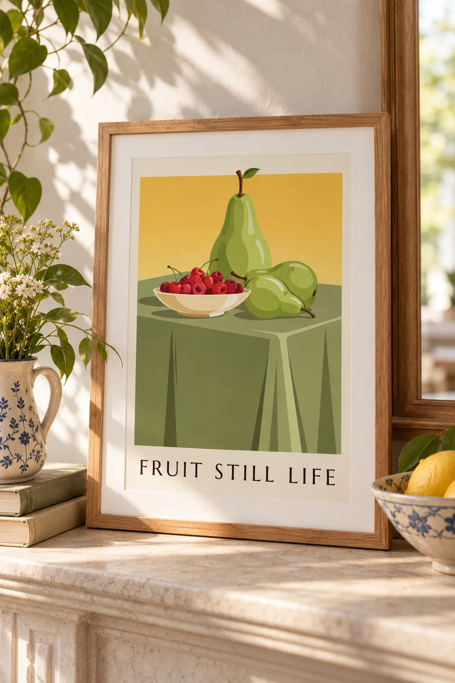 Still life poster, a bowl of red berries and pears: small framed A4 size