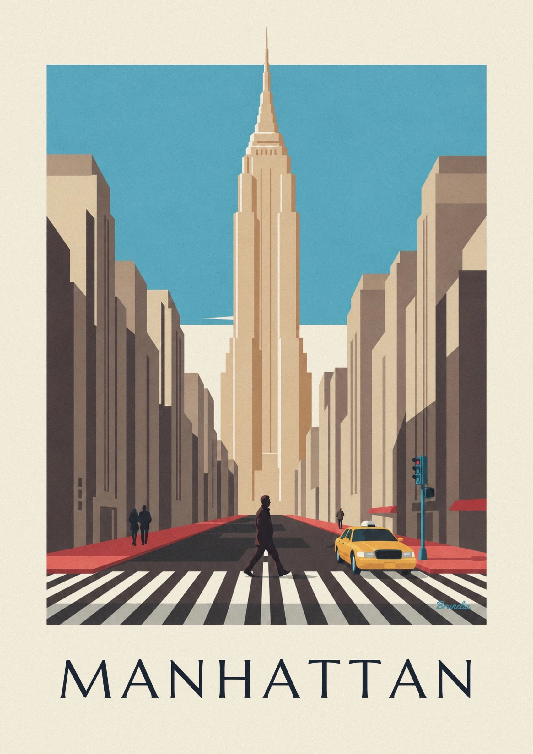 Une tour beige aux lignes élancées sur le ciel bleu de Manhattan