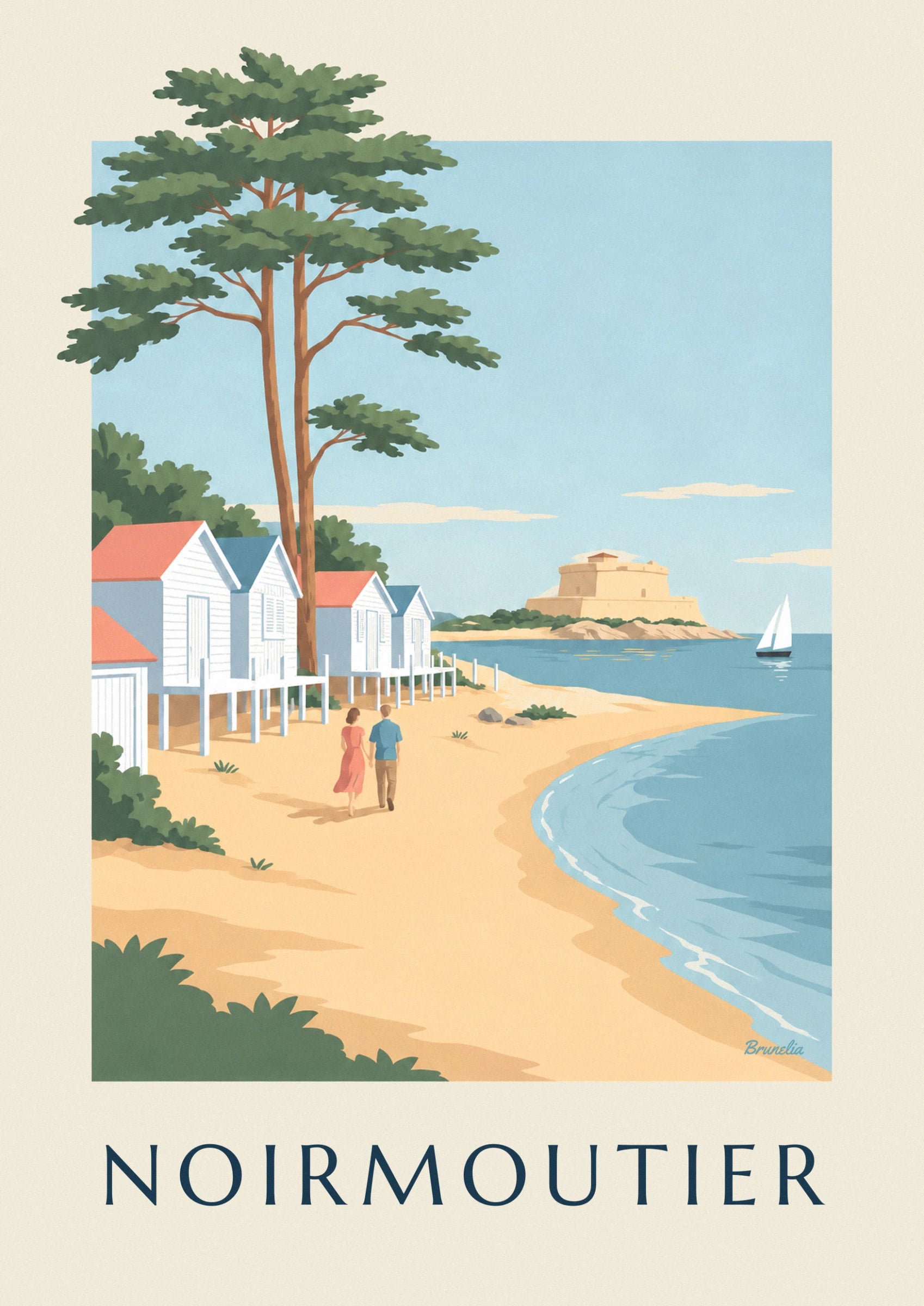 Les cabanes blanches sur pilotis, aux toits corail et bleu, parmi les pins