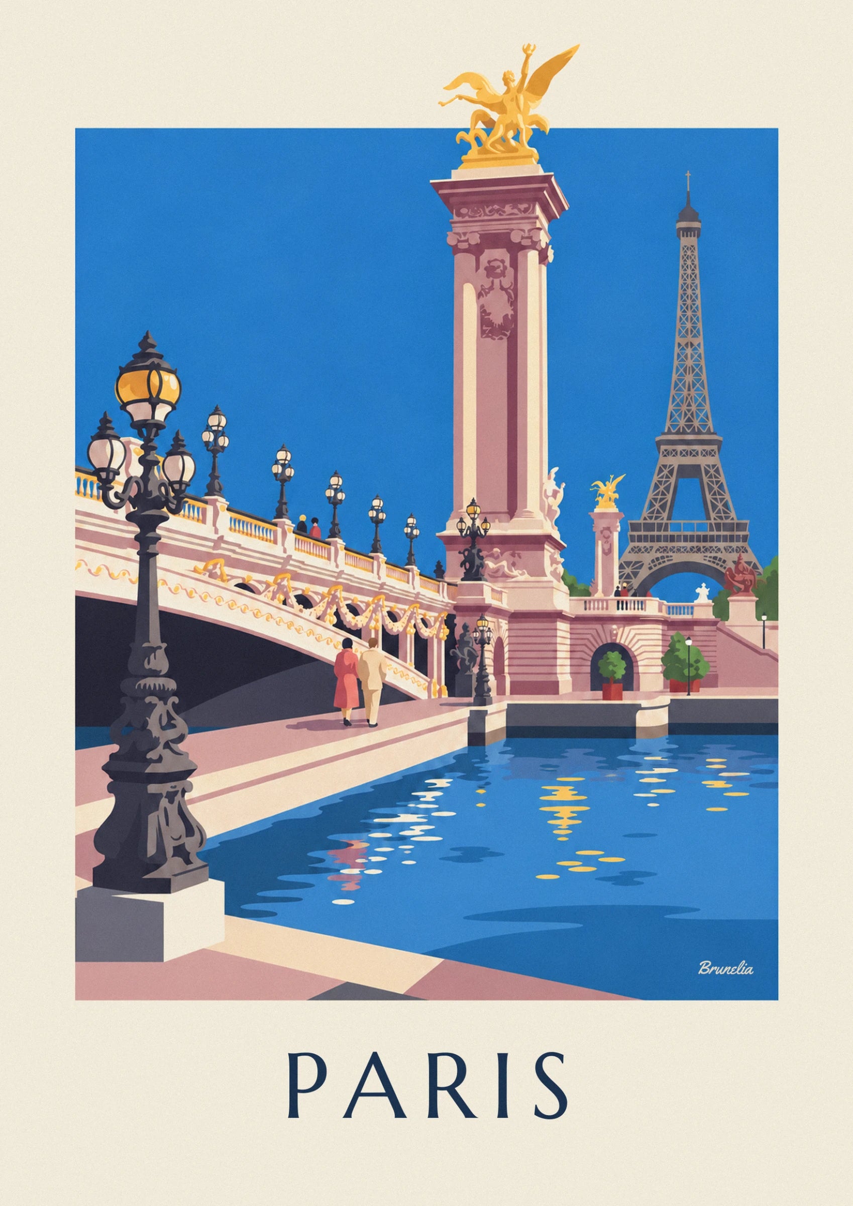 The pink bridge pillar with its golden Fame statue on top and a glimpse of the tour Eiffel beyond
