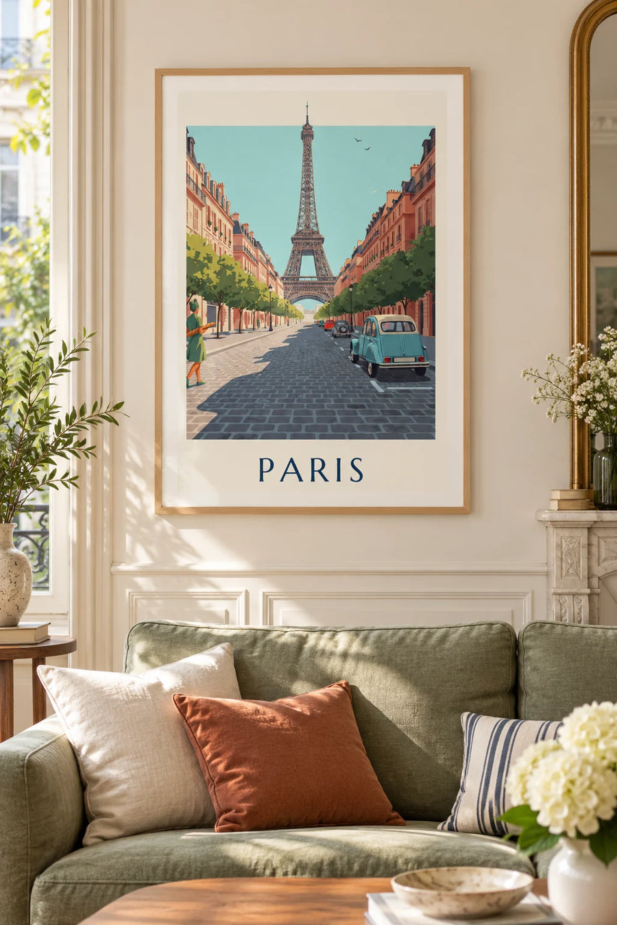 Affiche Citroën 2CV bleue dans une rue pavée face à la tour Eiffel : encadrée au mur