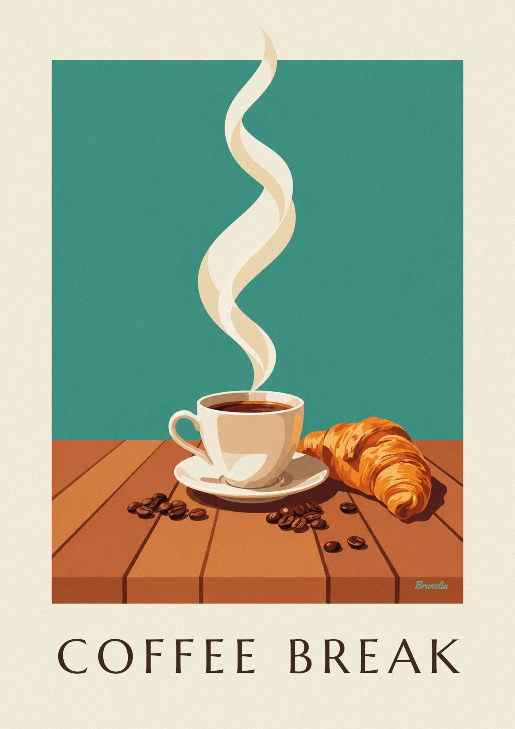 A cup of steaming coffee on a cream saucer, surrounded by beans on the wooden table