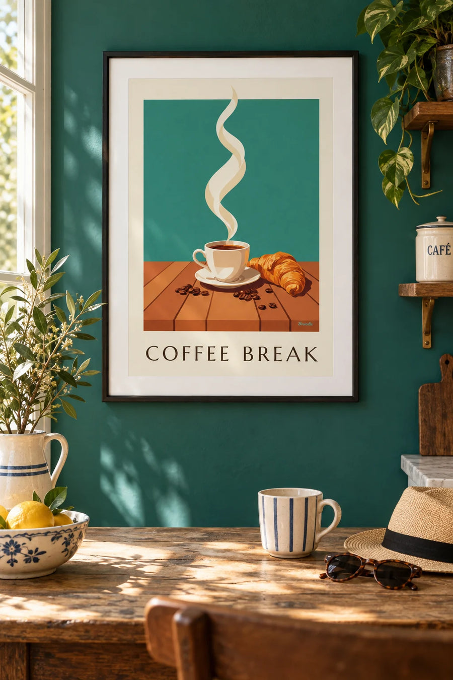 Coffee break poster with a croissant and coffee beans on wood: framed on the wall