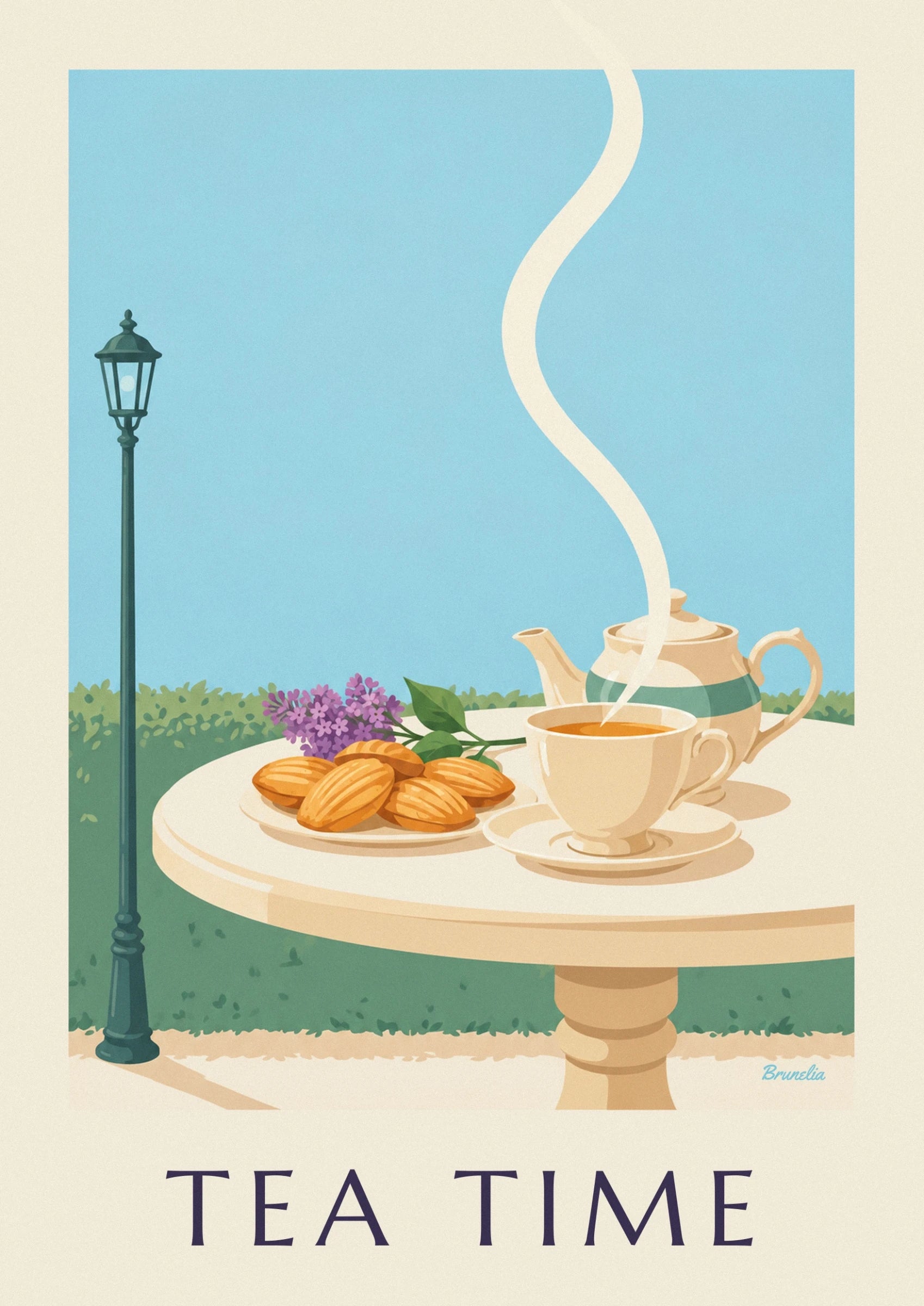 A steaming cup of tea and a cream teapot with a green band on the garden table
