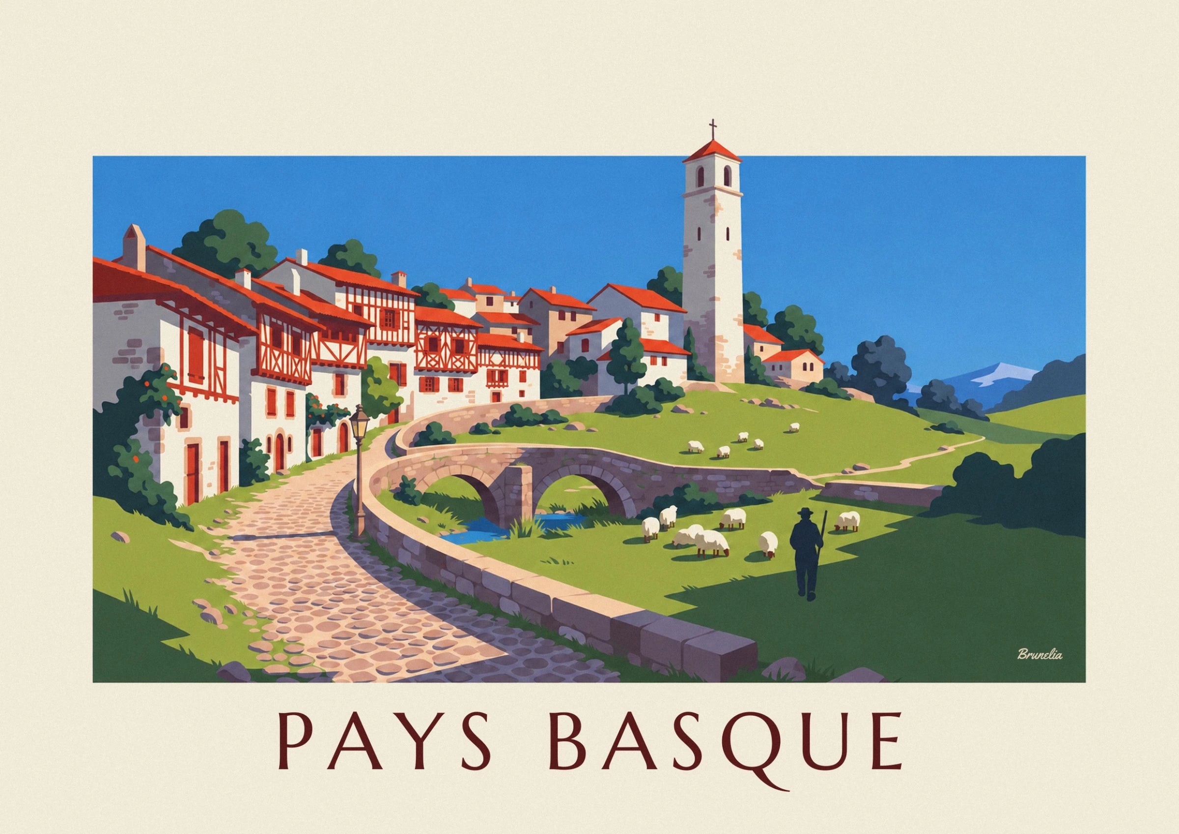Les maisons basques aux colombages rouges, le lampadaire et la ruelle pavée