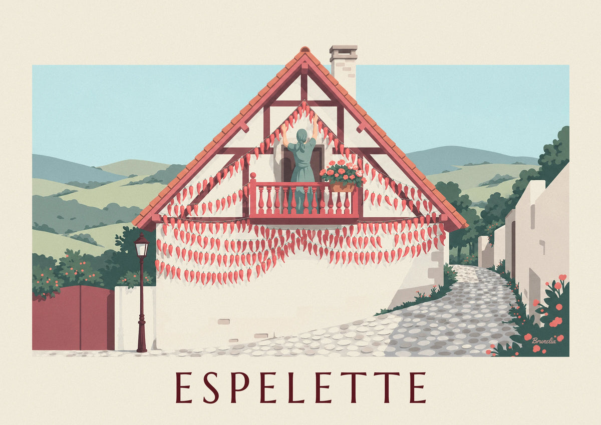 Dried peppers on an Espelette half-timbered house poster
