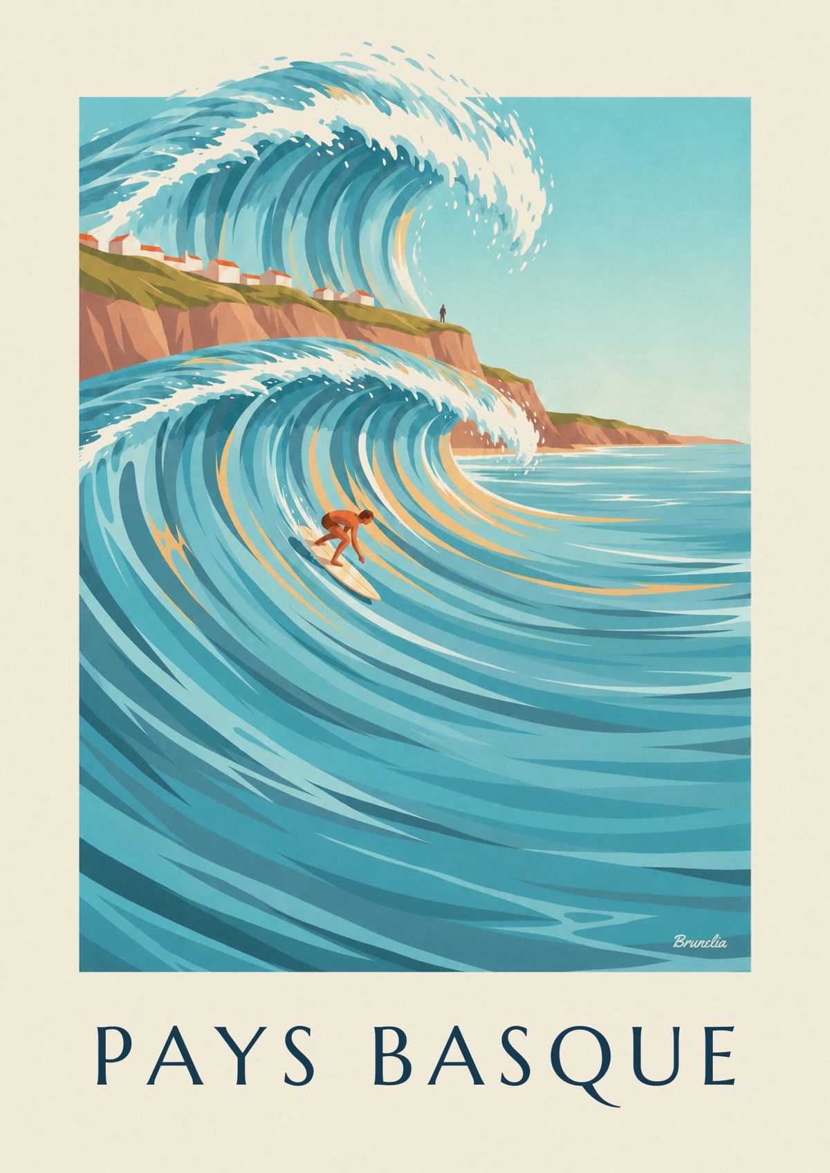 Surfer below the Basque coast cliffs poster