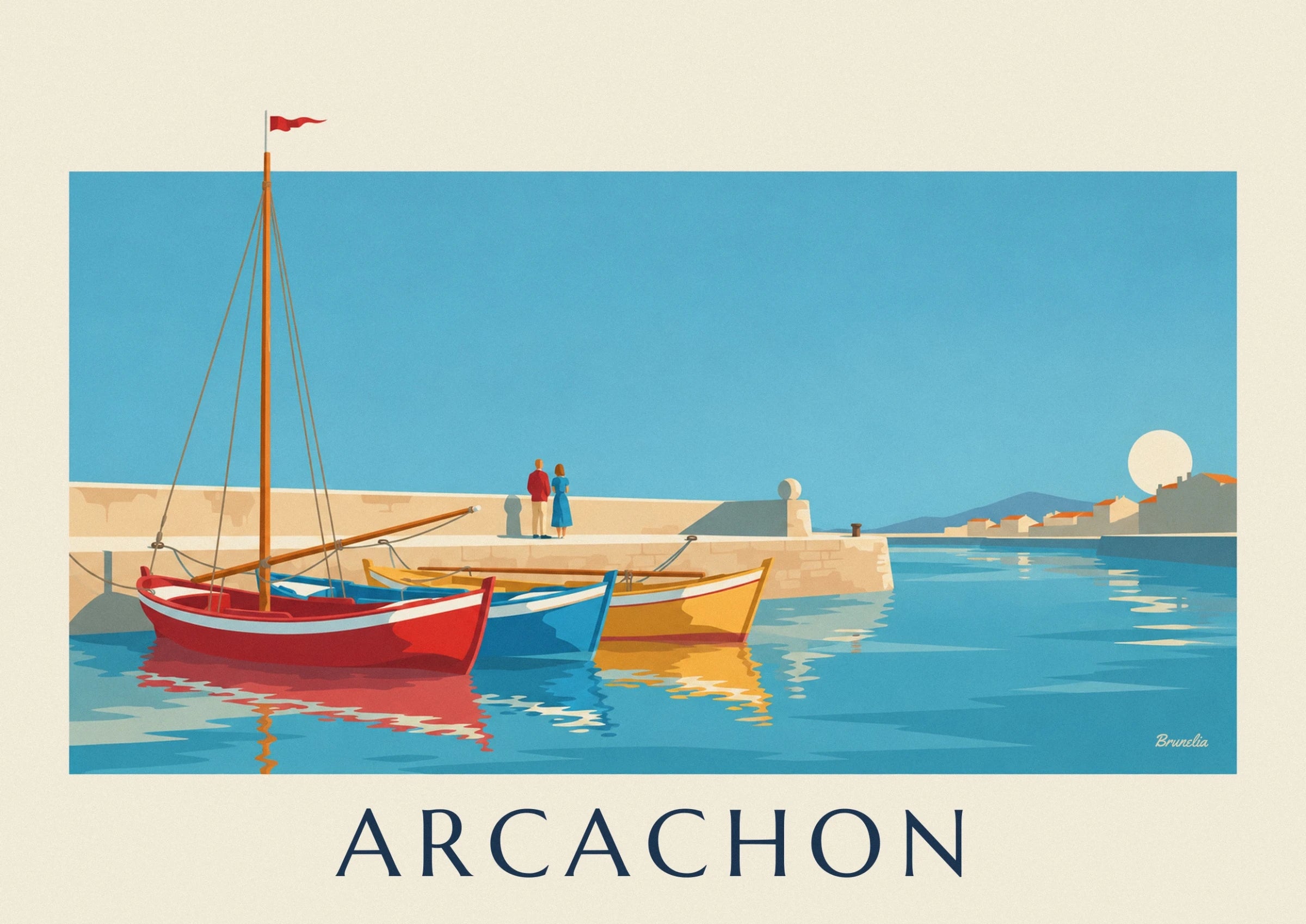 Les pinasses rouges et bleues, leurs mâts et leurs reflets dans le port d’Arcachon