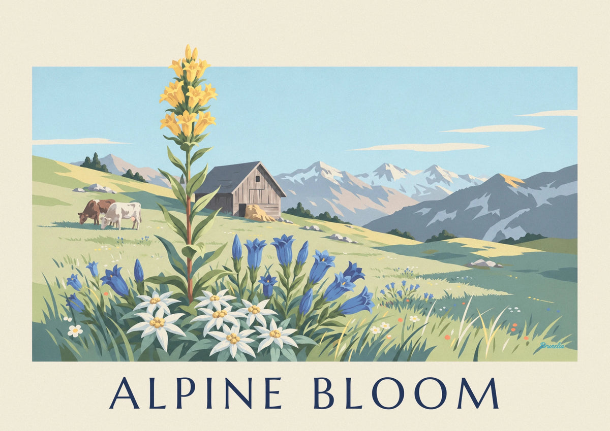 Edelweiss and gentians alpine meadow poster
