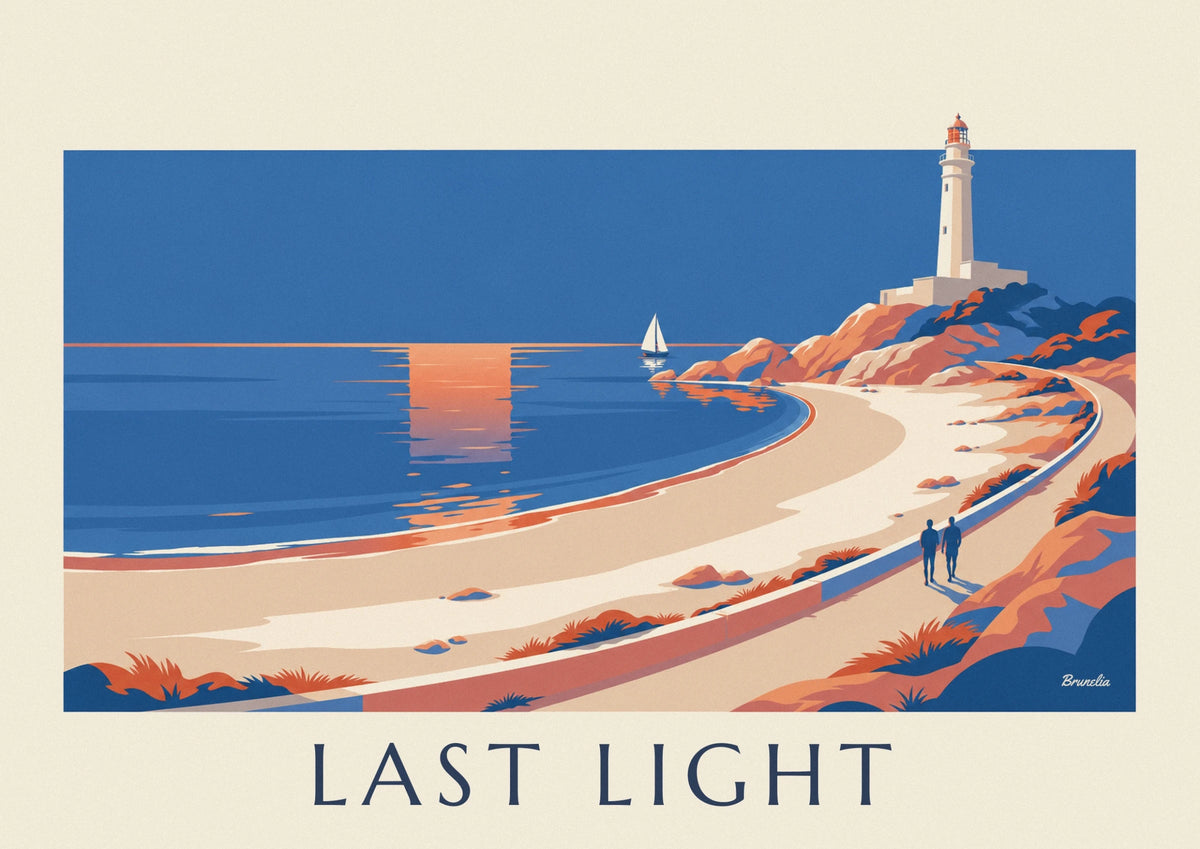 Affiche coucher de soleil sur une plage et son phare blanc