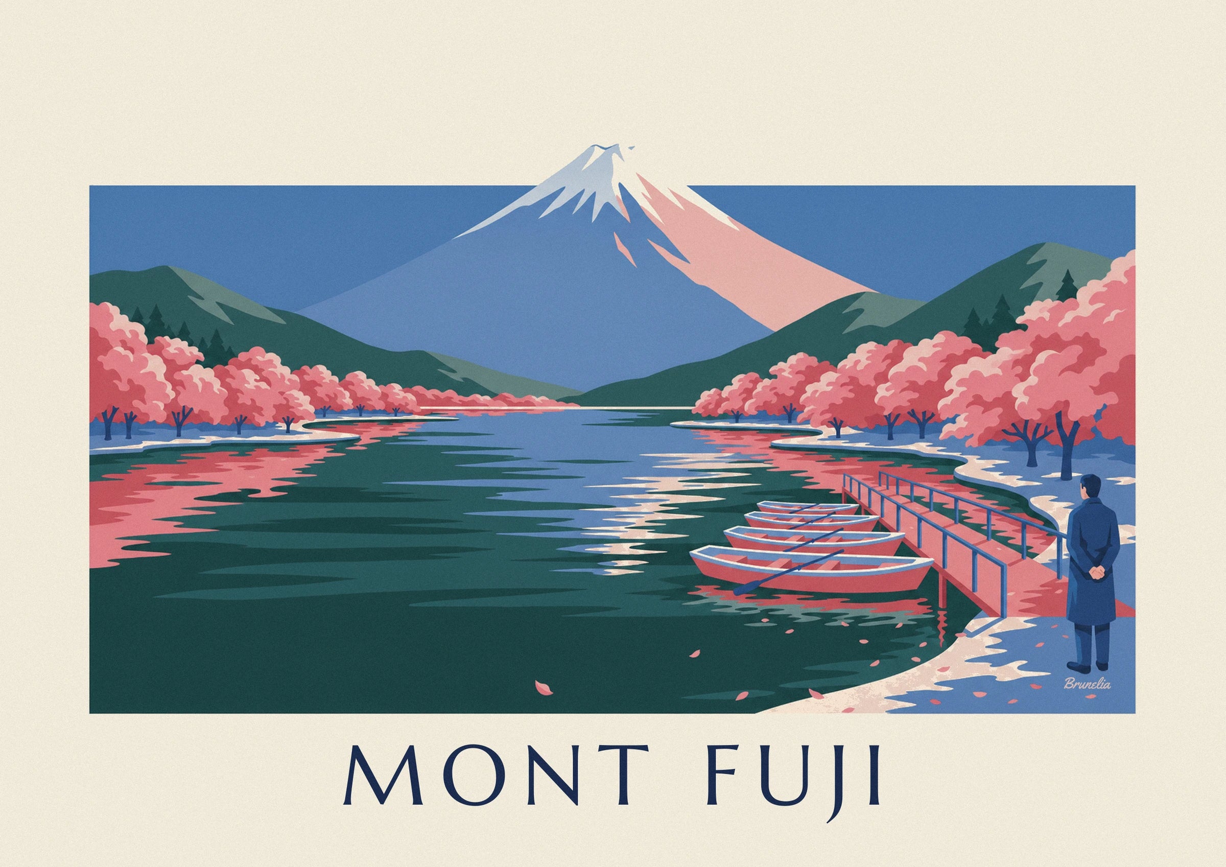 Blue and pink mont Fuji towering over the lake, with cherry blossom along the shore