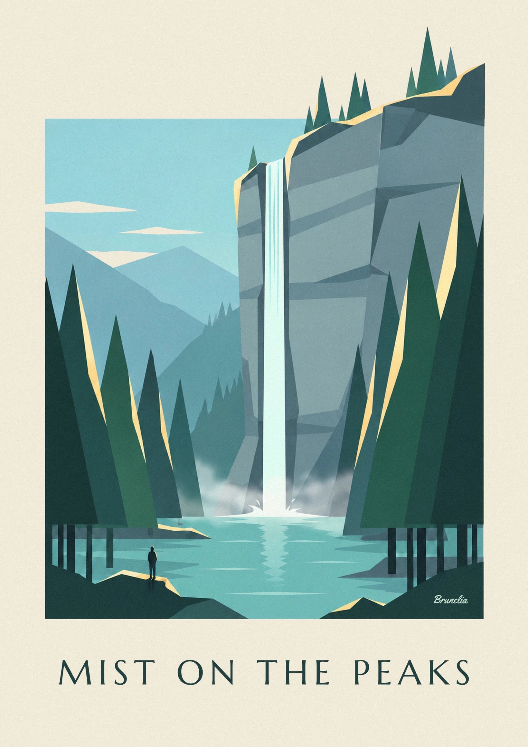The waterfall plunging into a turquoise lake, between grey cliffs and dark fir trees