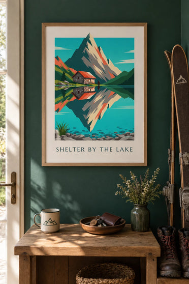 Affiche refuge de montagne en pierre au bord d'un lac alpin : encadrée au mur