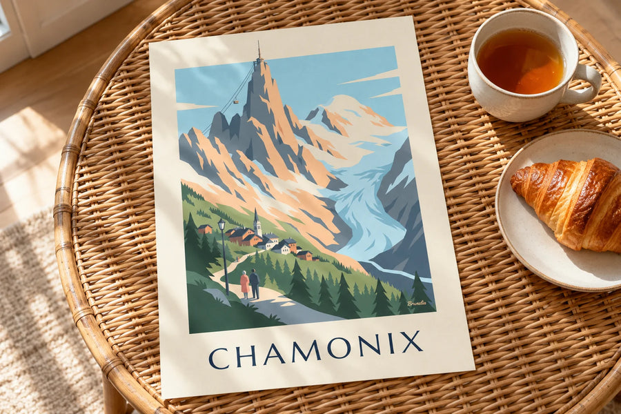 Juliste Mont Blancin massiivista Chamonixista nähtynä: juliste pöydällä