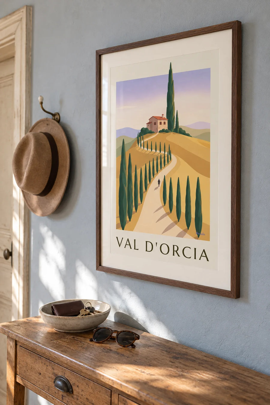 Affiche collines dorées du Val d'Orcia en Toscane : encadrée au mur