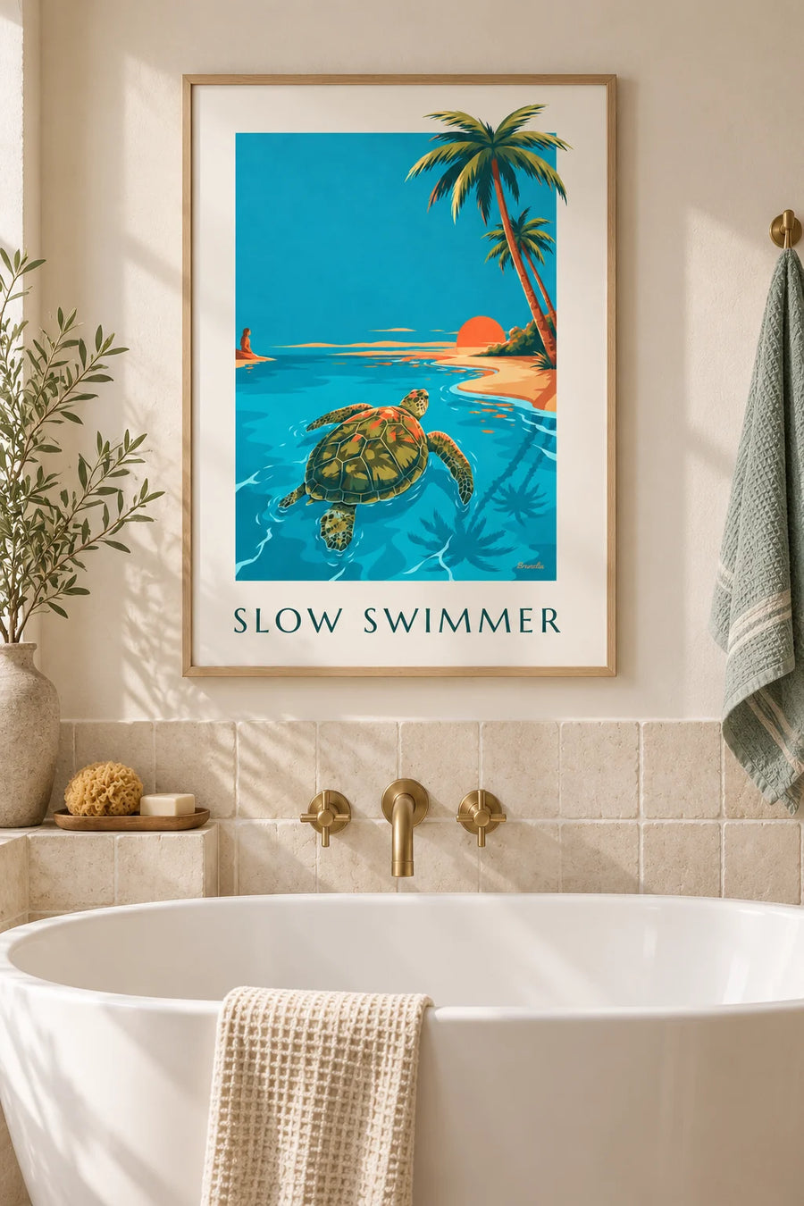 Merikilpikonna uimassa turkoosissa vedessä auringonlaskussa -juliste: kehystettynä seinällä