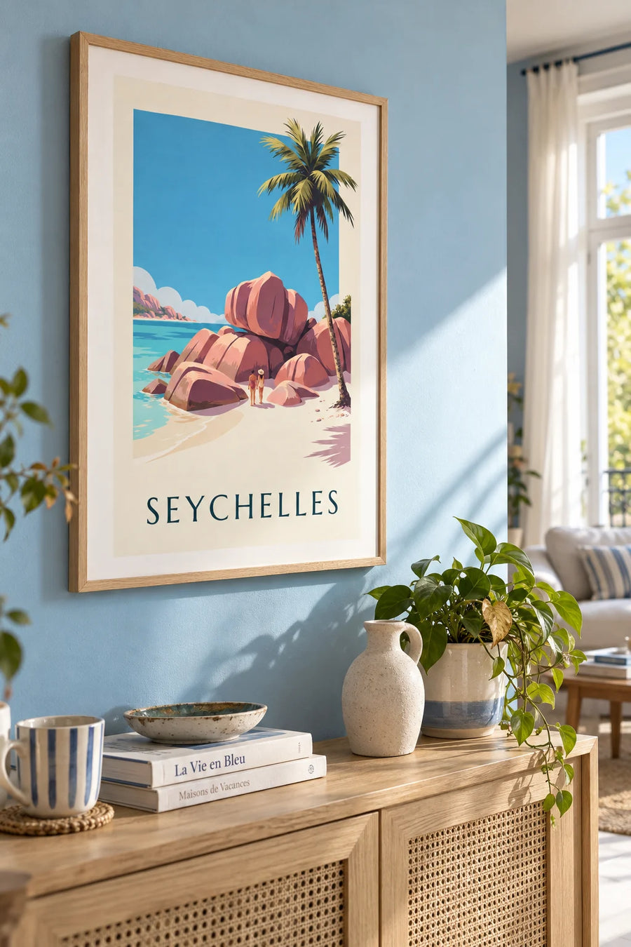 Affiche anse Source d’Argent à La Digue aux Seychelles : encadrée au mur