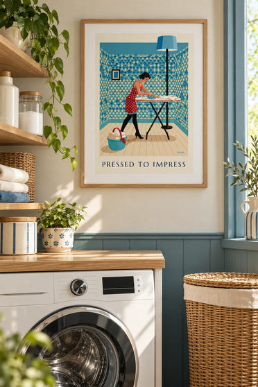 Affiche pin-up repassant une chemise sur sa planche à repasser : encadrée au mur