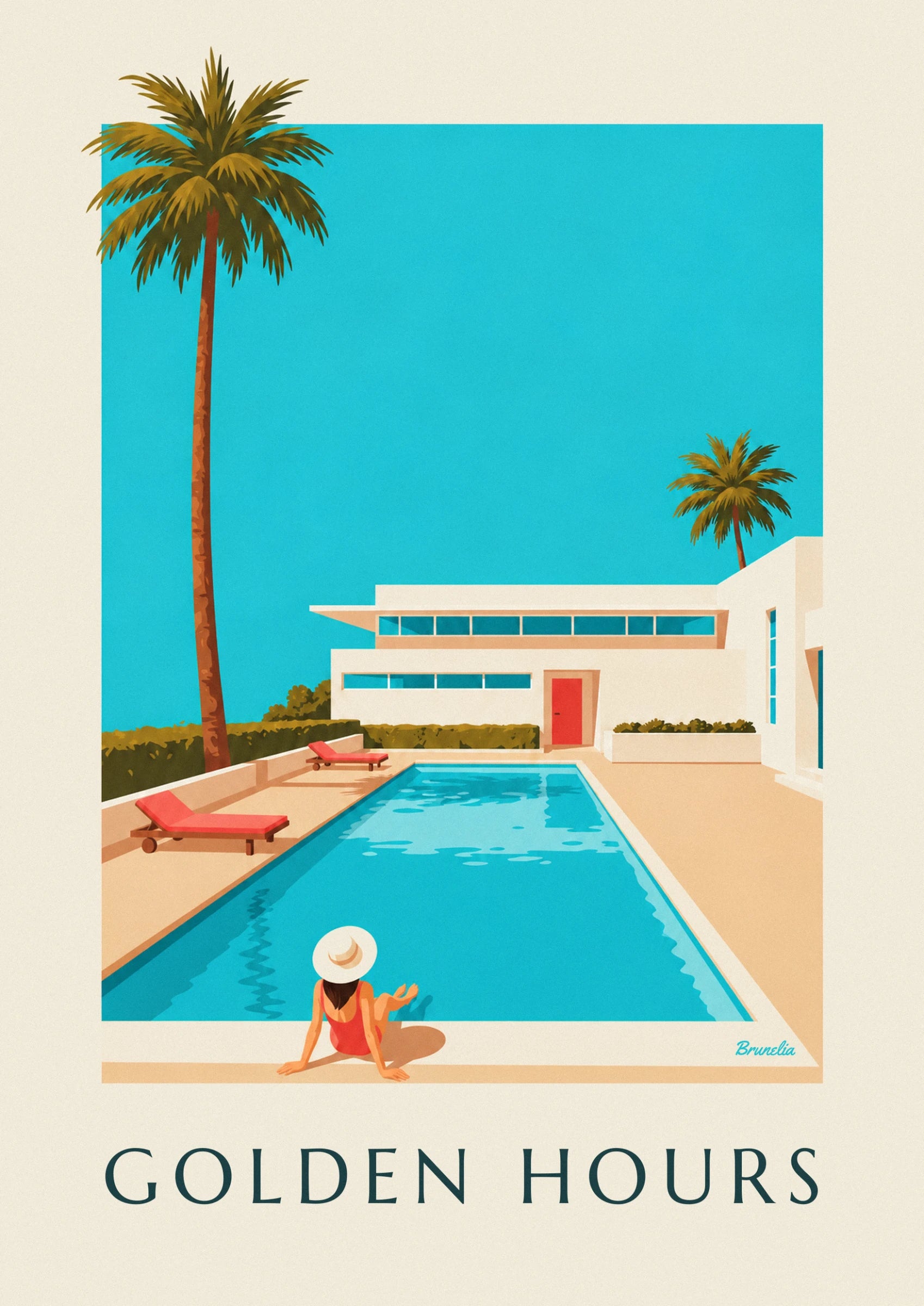 The bather in a white hat and red swimsuit sitting at the edge of the pool