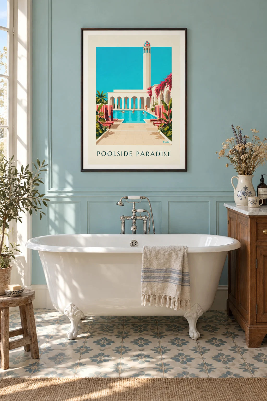 Elegant pool and exotic greenery poster on the wall
