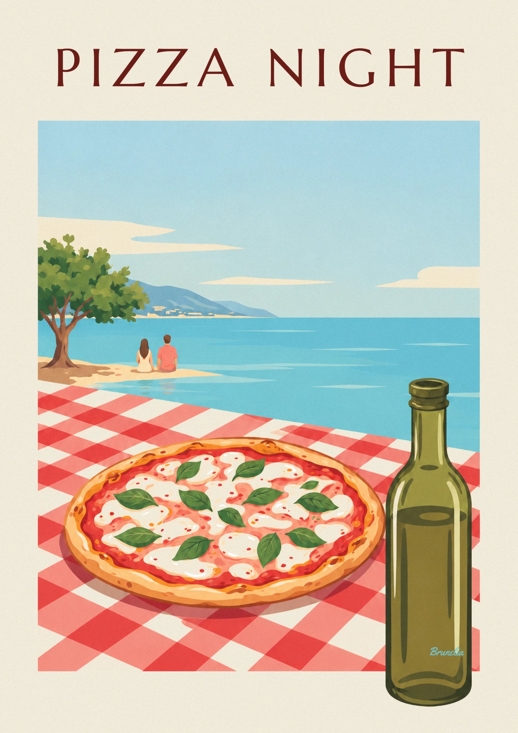 The mozzarella and basil pizza on the red checked tablecloth, facing a couple sitting by the water