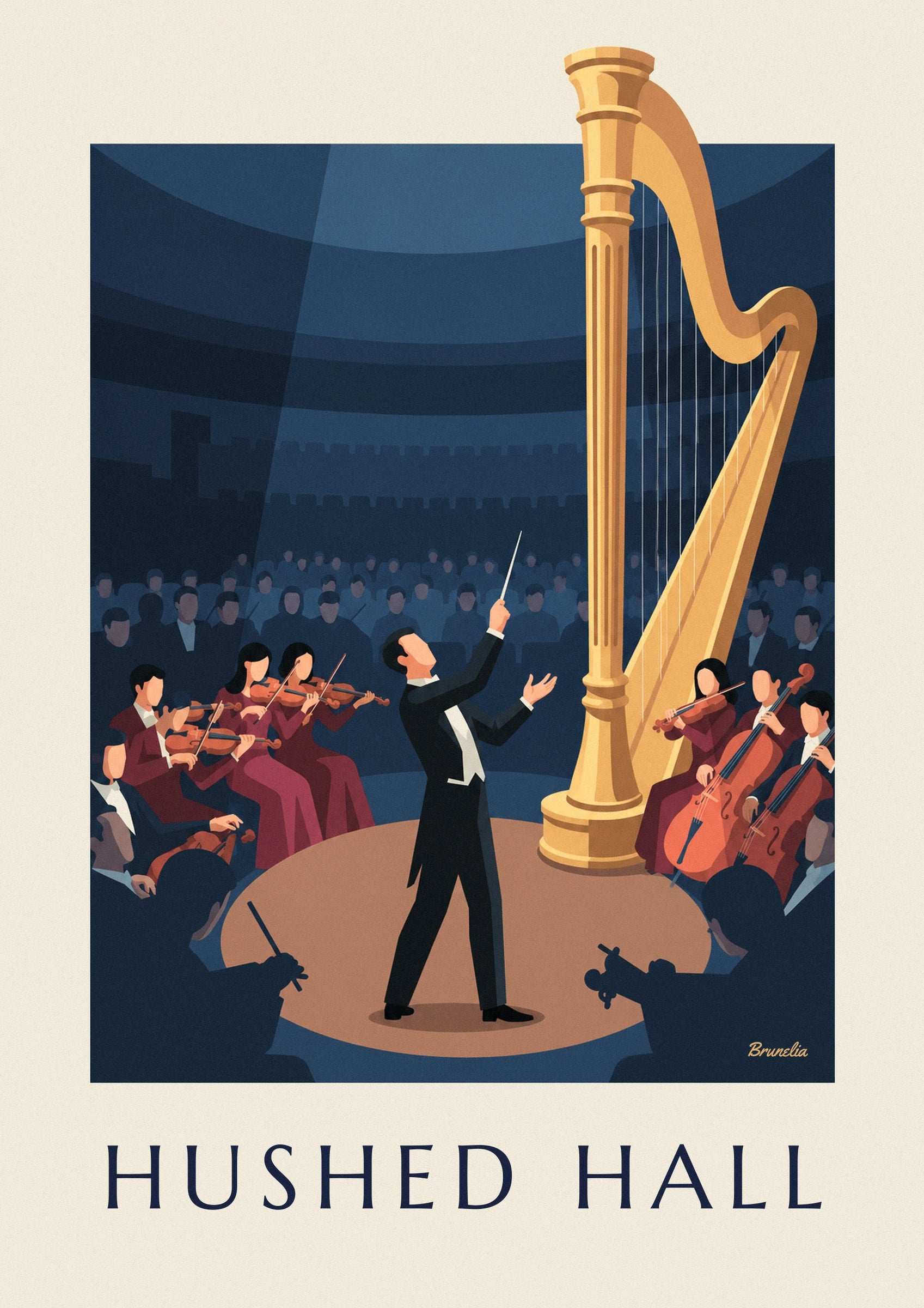 The conductor in black tails, baton raised, facing the violinists