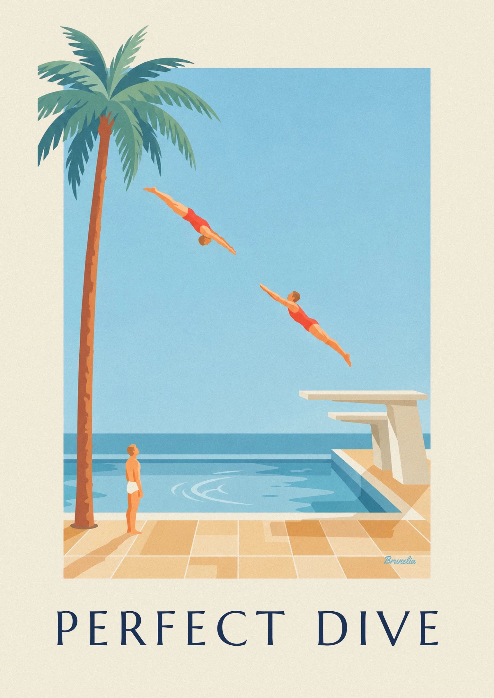 The diver in red trunks, arms outstretched above the edge of the diving board