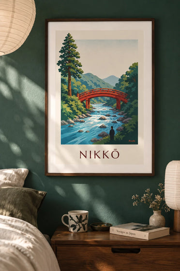 Shinkyō Bridge poster in Nikkō over the Daiya River: framed on the wall