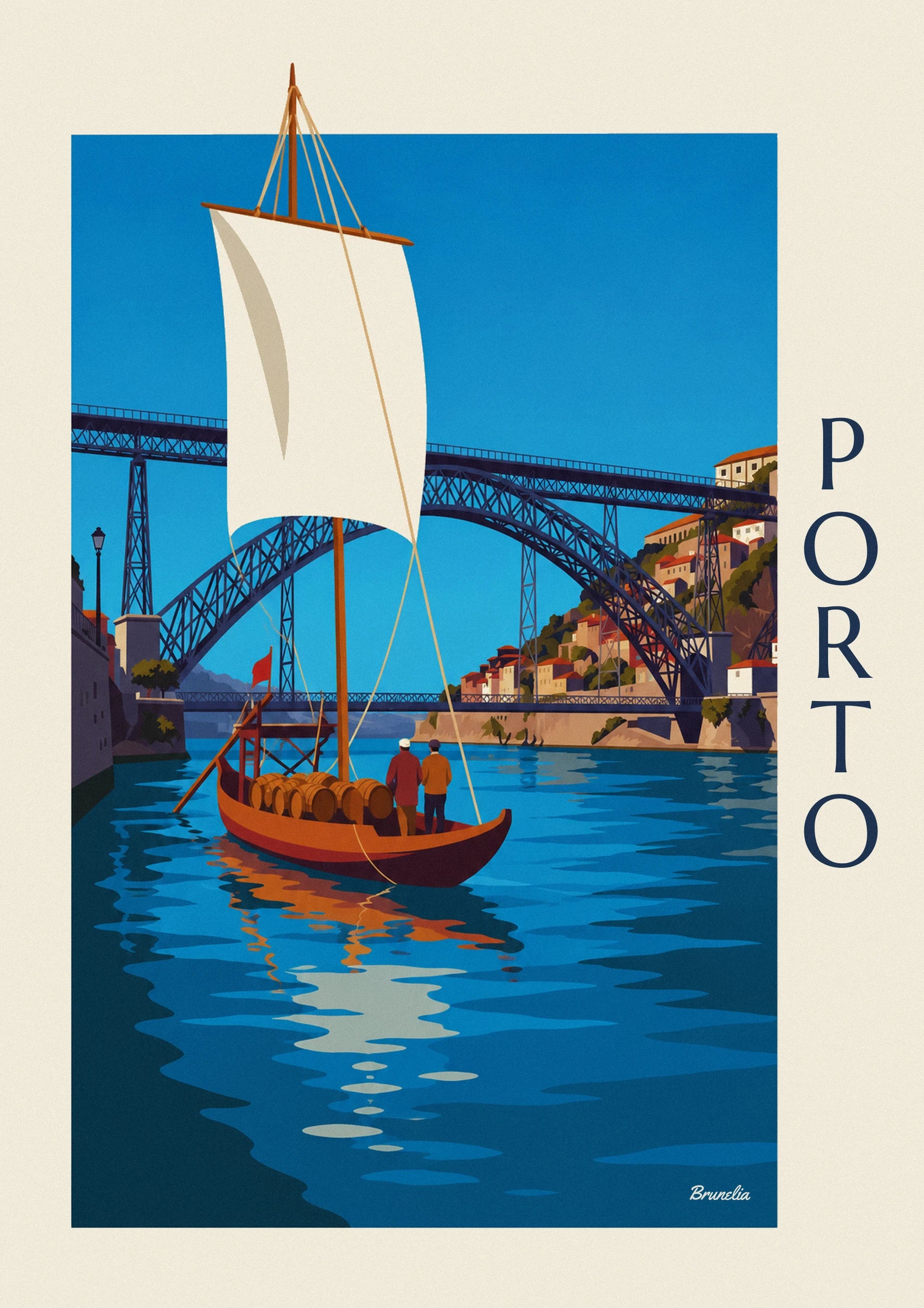 Juliste Dom Luísin silta ja rabelo-vene Douro-joella Portossa: lähikuva yksityiskohdasta