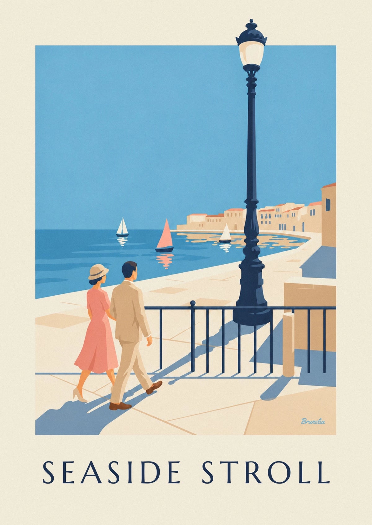Elegant couple seaside stroll poster