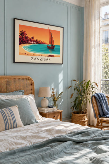 Poster of a dhow off Zanzibar at sunset: framed on the wall