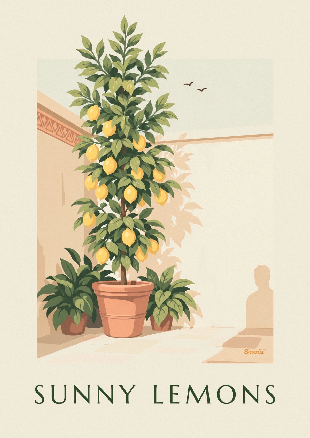 Lemon tree in a terracotta pot with green plants poster