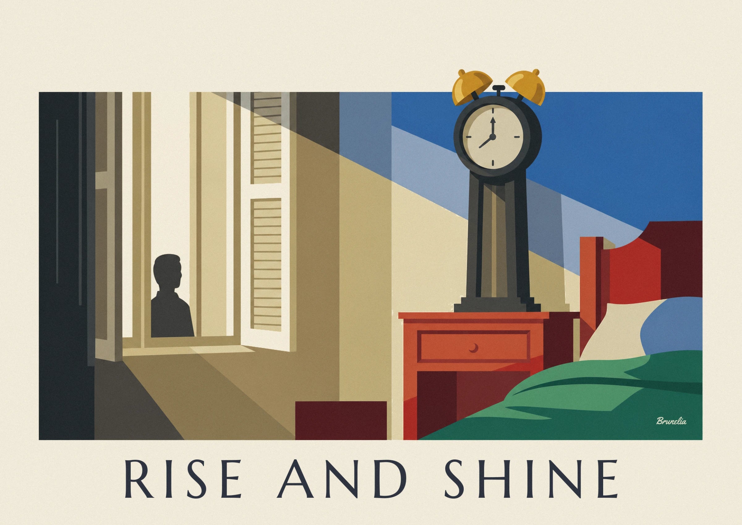 The alarm clock with 2 golden bells on its tall black stand, sitting on a red chest of drawers