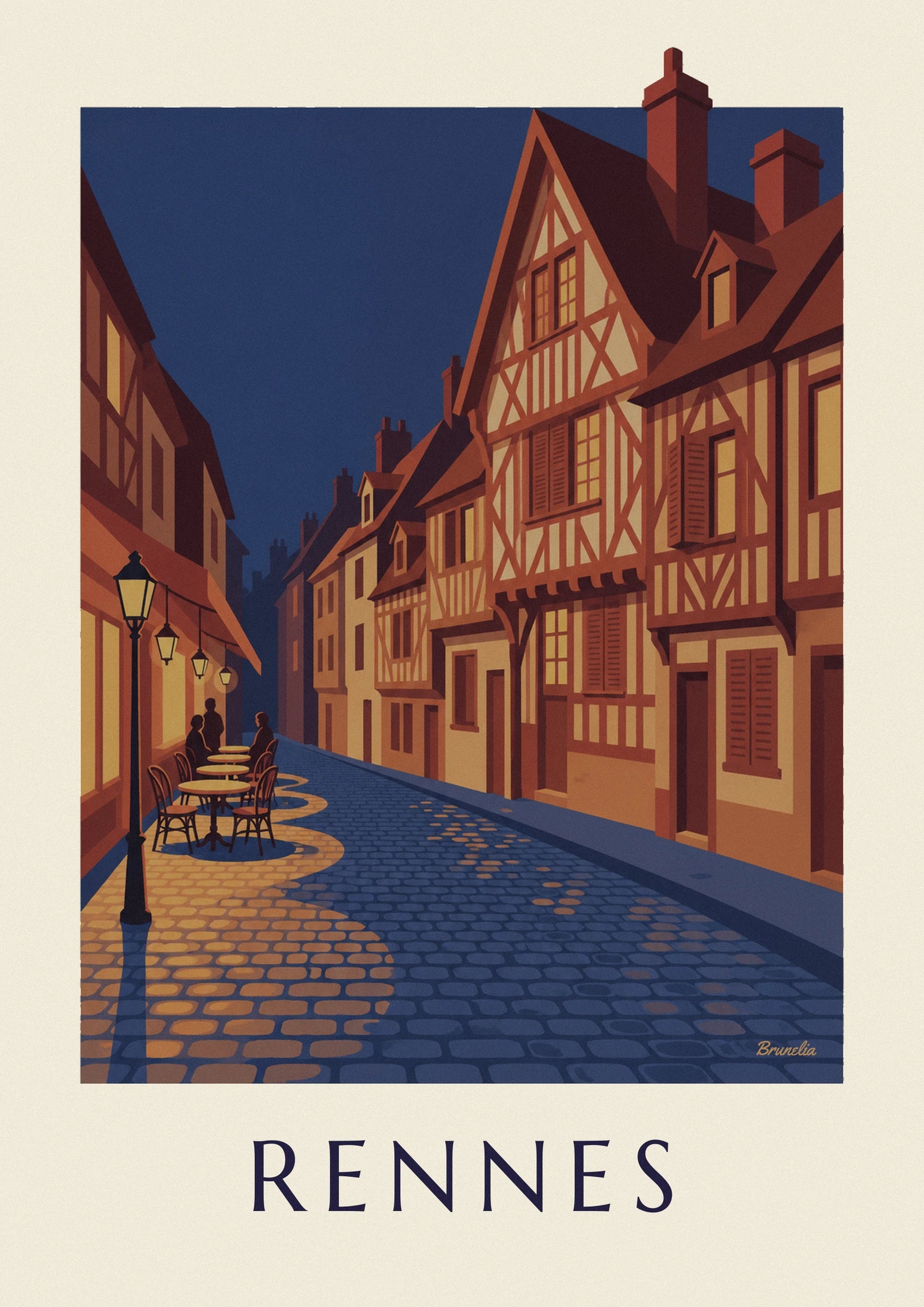 Façades with crossed timber framing, lit windows and a dormer beneath brown roofs