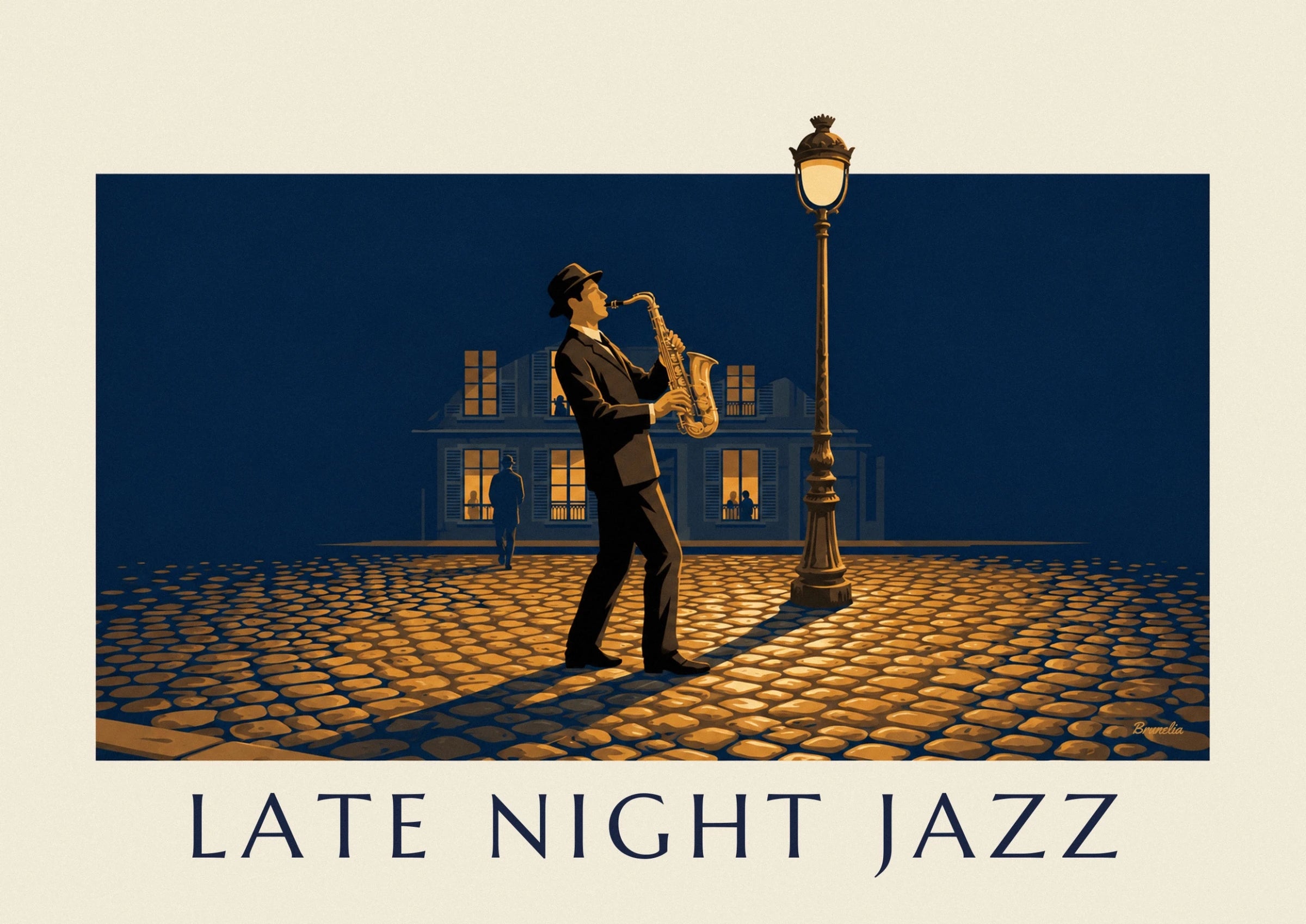Le saxophoniste en costume noir et son saxophone doré devant les fenêtres éclairées