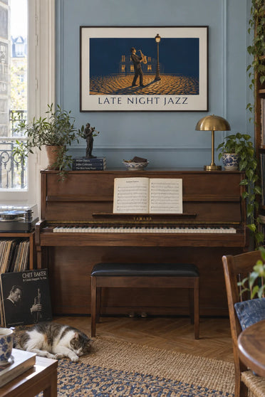 Poster of a jazz saxophonist under a street lamp at night: framed on the wall