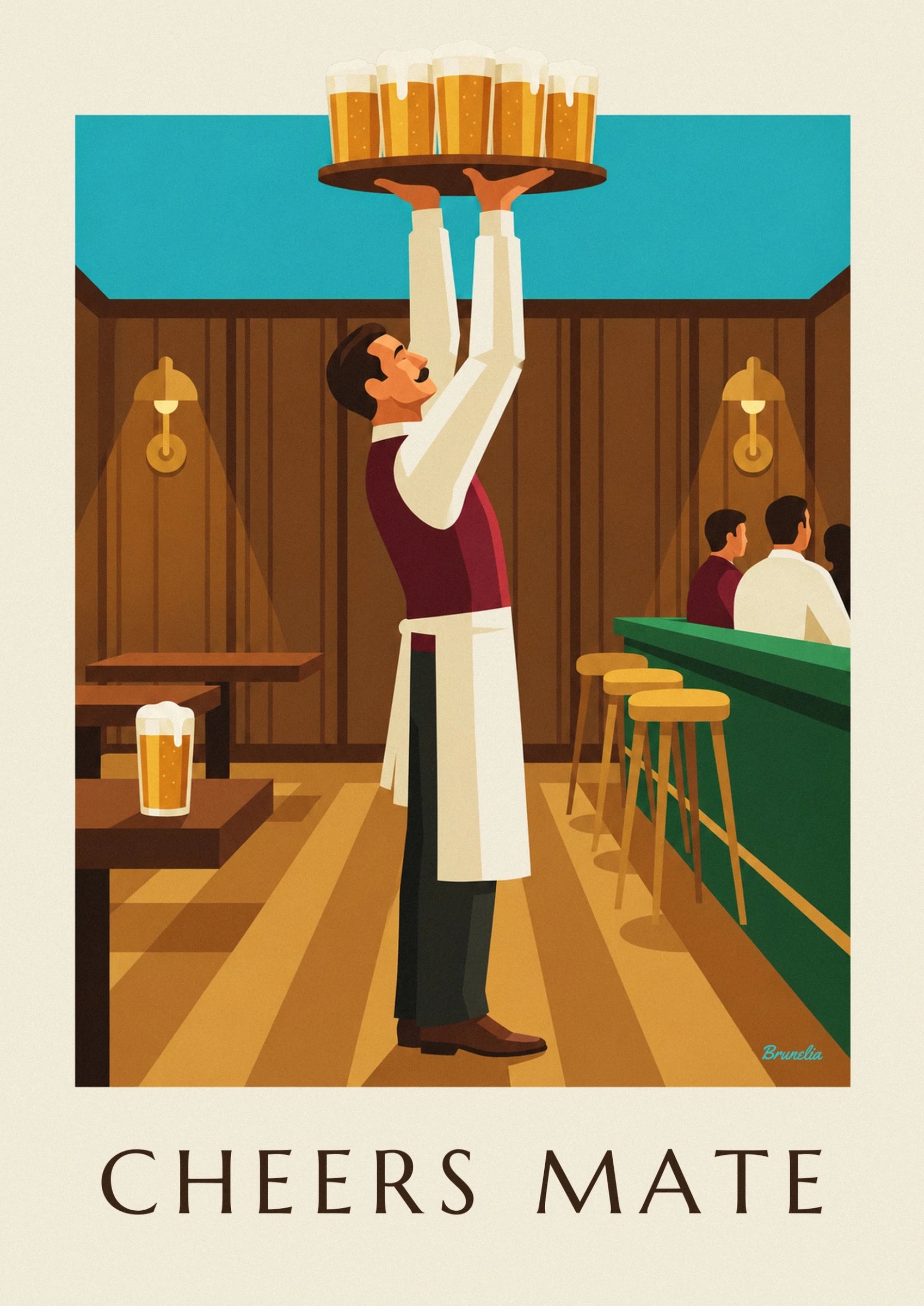 The moustached waiter holding aloft his tray of 5 frothy tankards of beer