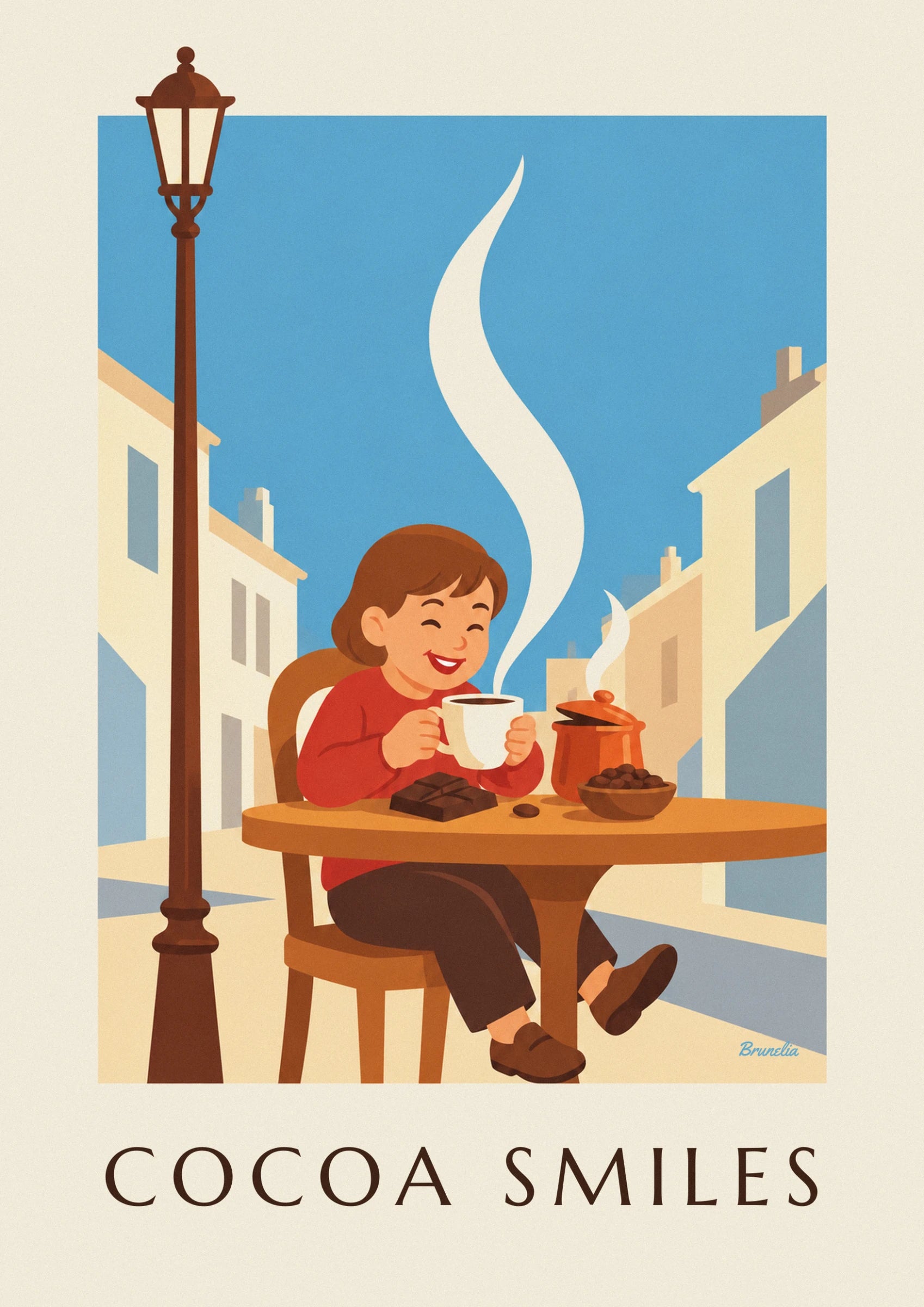 L’enfant souriant en pull rouge, sa tasse fumante et sa tablette de chocolat