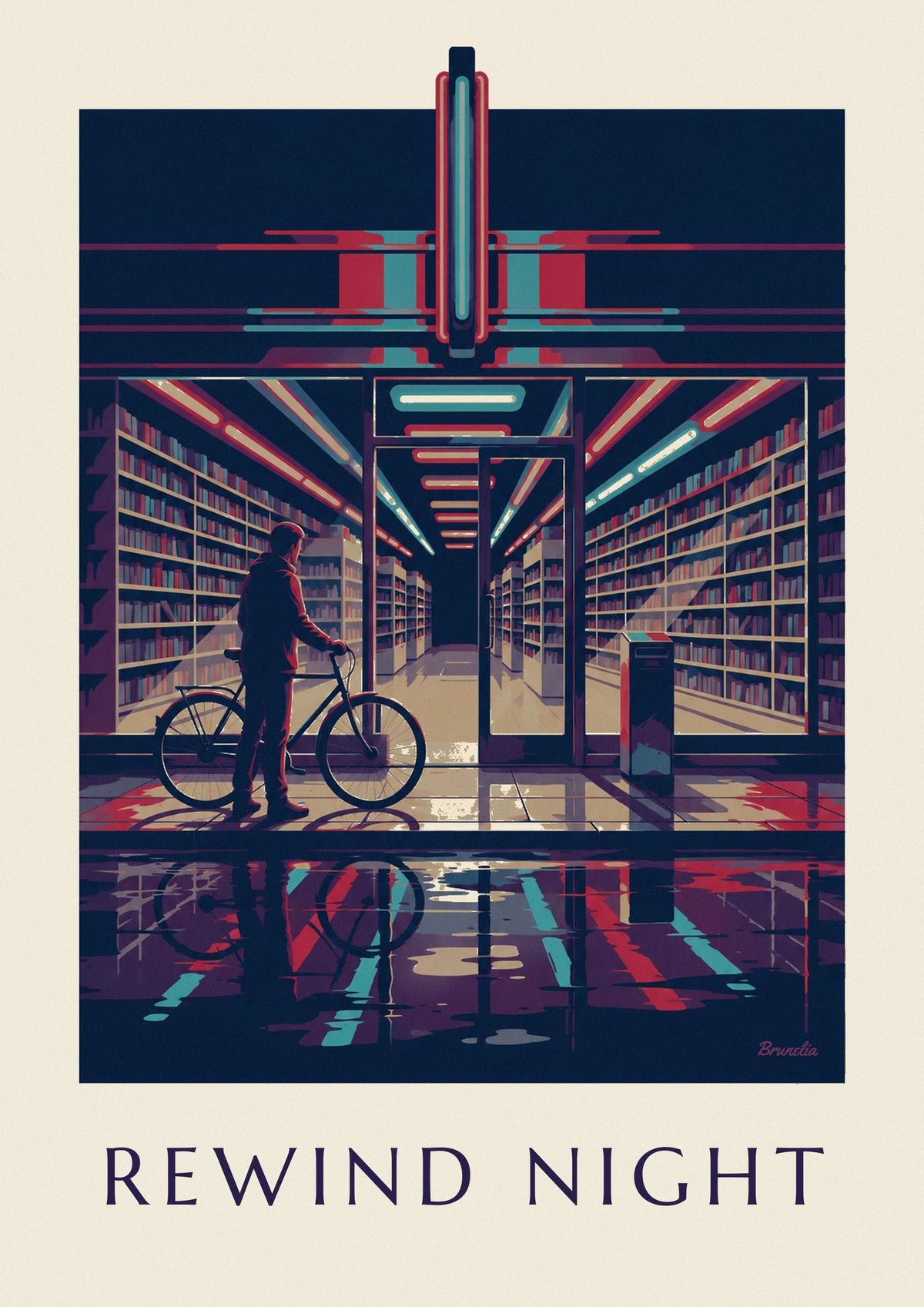 Neon-lit video rental store with VHS tape shelves at night poster