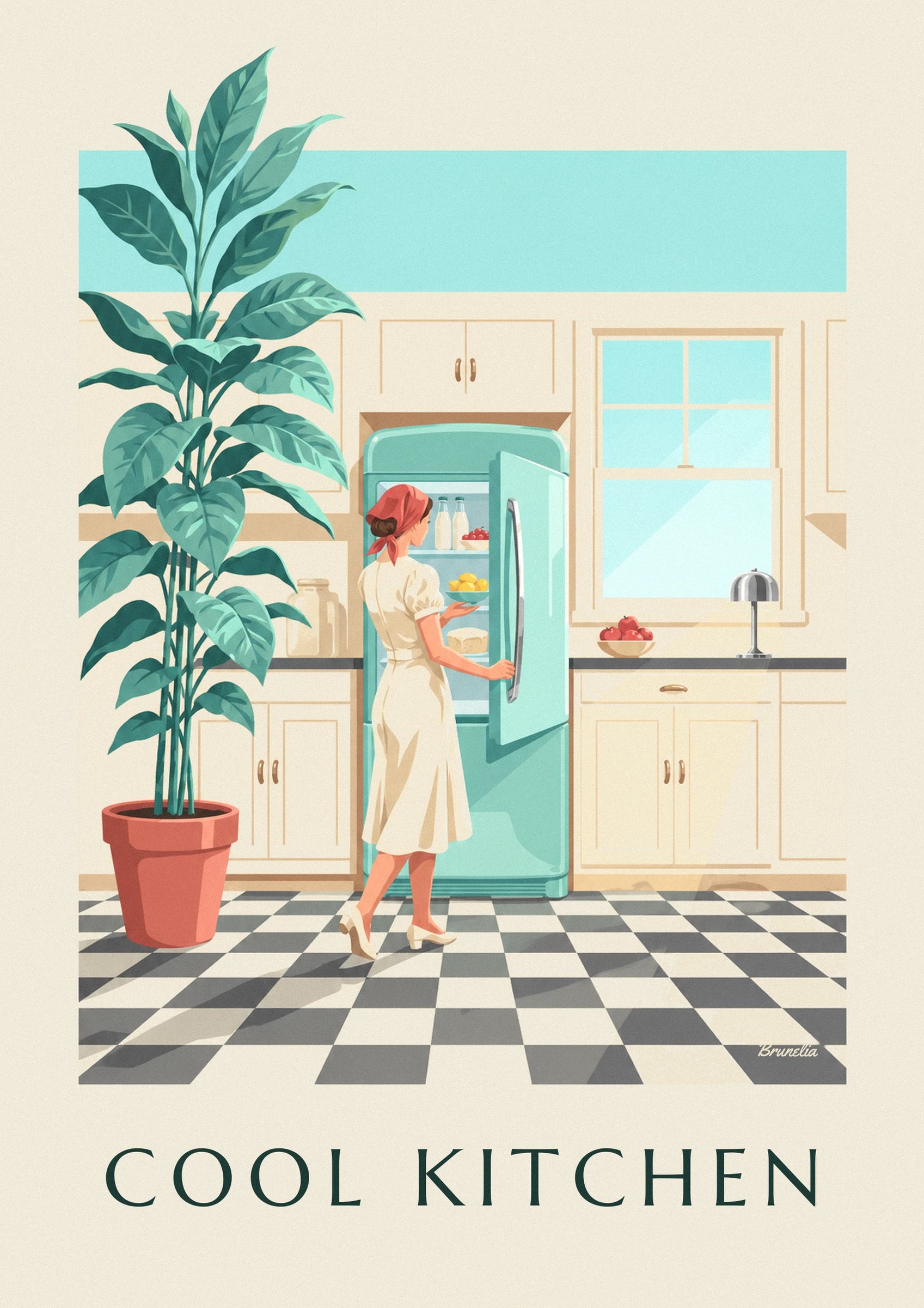 Rounded mint green refrigerator in a kitchen poster: close-up detail