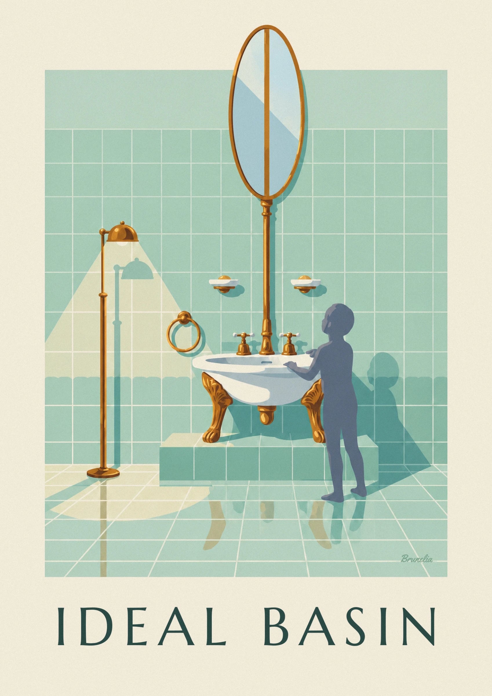 The oval mirror with a golden frame against the green bathroom tiles