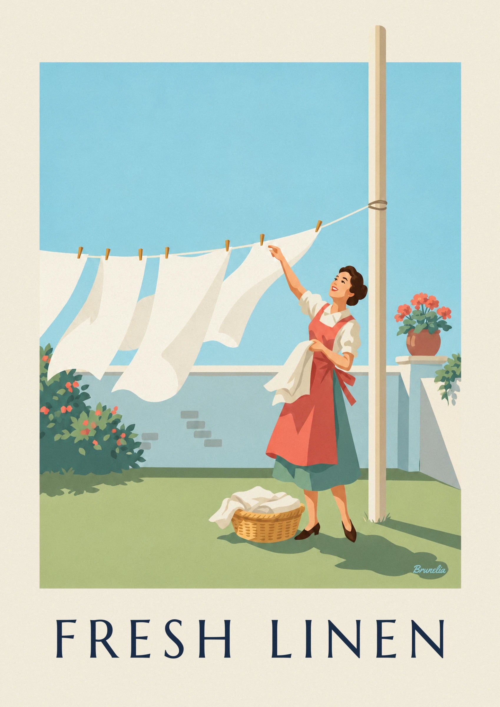 La ménagère en tablier rouge corail, bras levé et un linge blanc sur l'avant-bras, près de la fenêtre