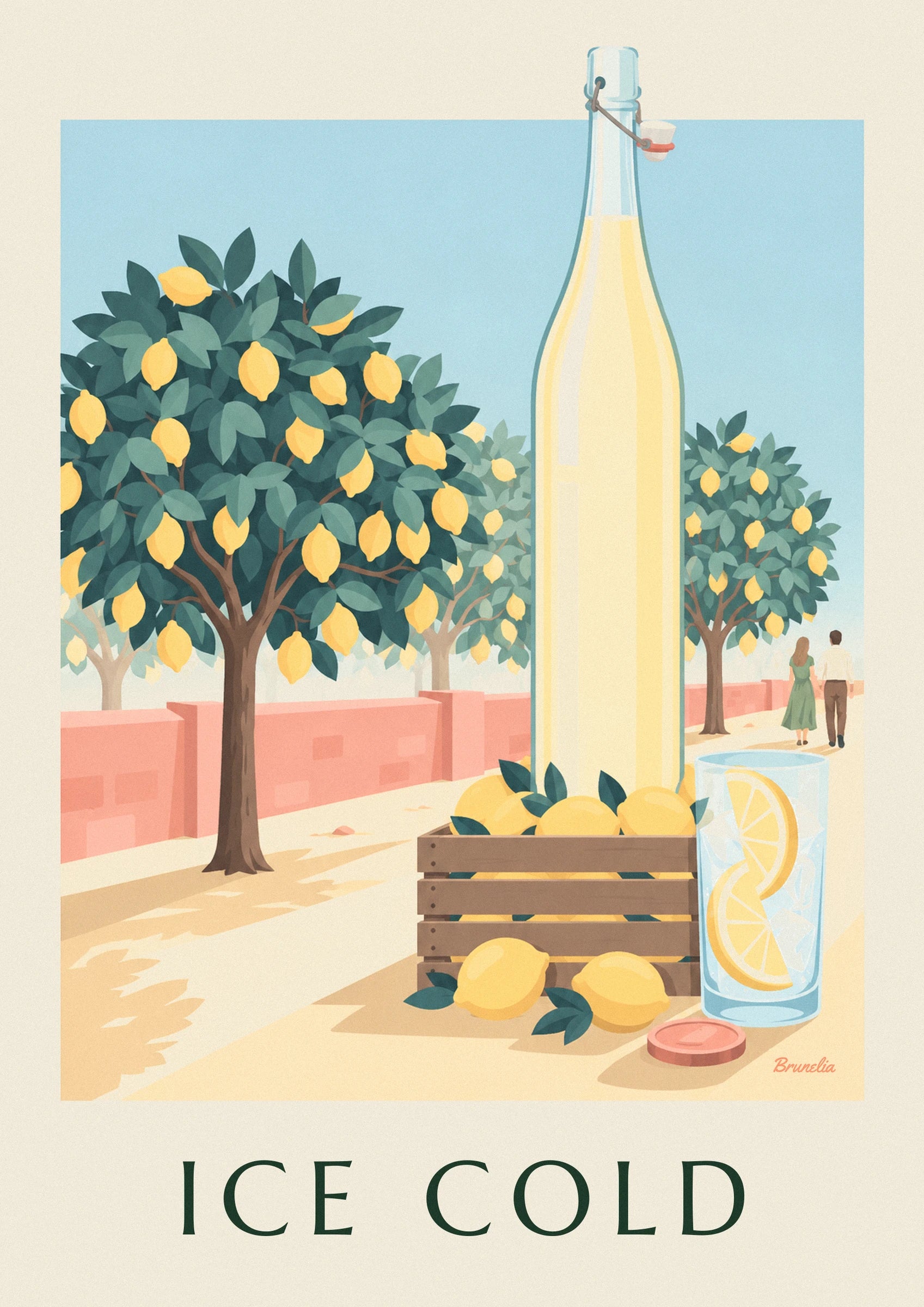 The pale yellow lemonade bottle surrounded by leaves and lemons