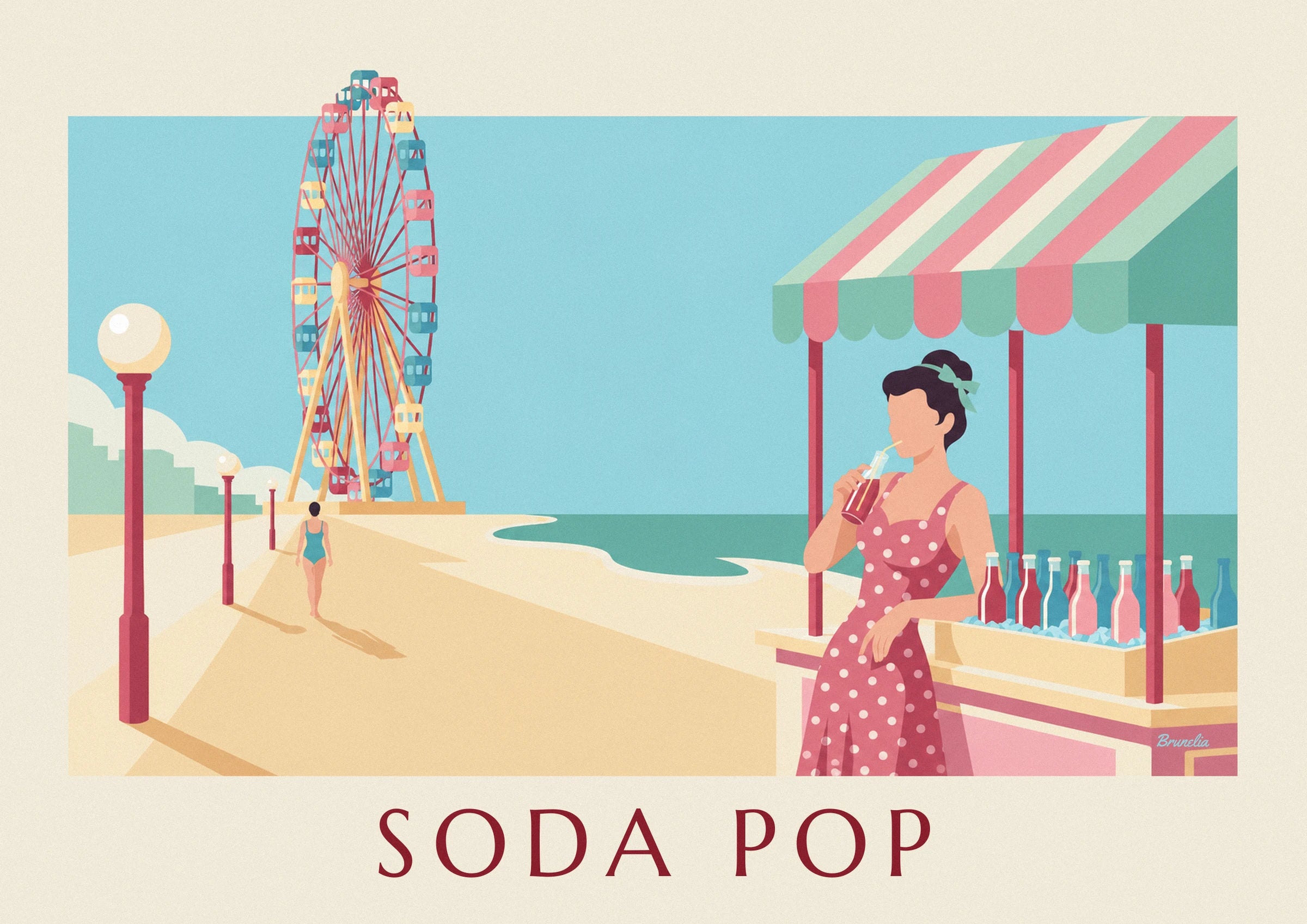 The pin-up in a pink dress with white polka dots, holding a bottle with a straw to her lips